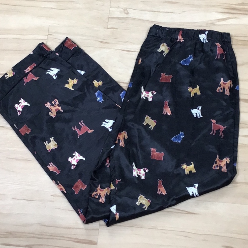 Robert Louis Black Silk Pajama Bottoms Playful‎ Colorful Dog Print